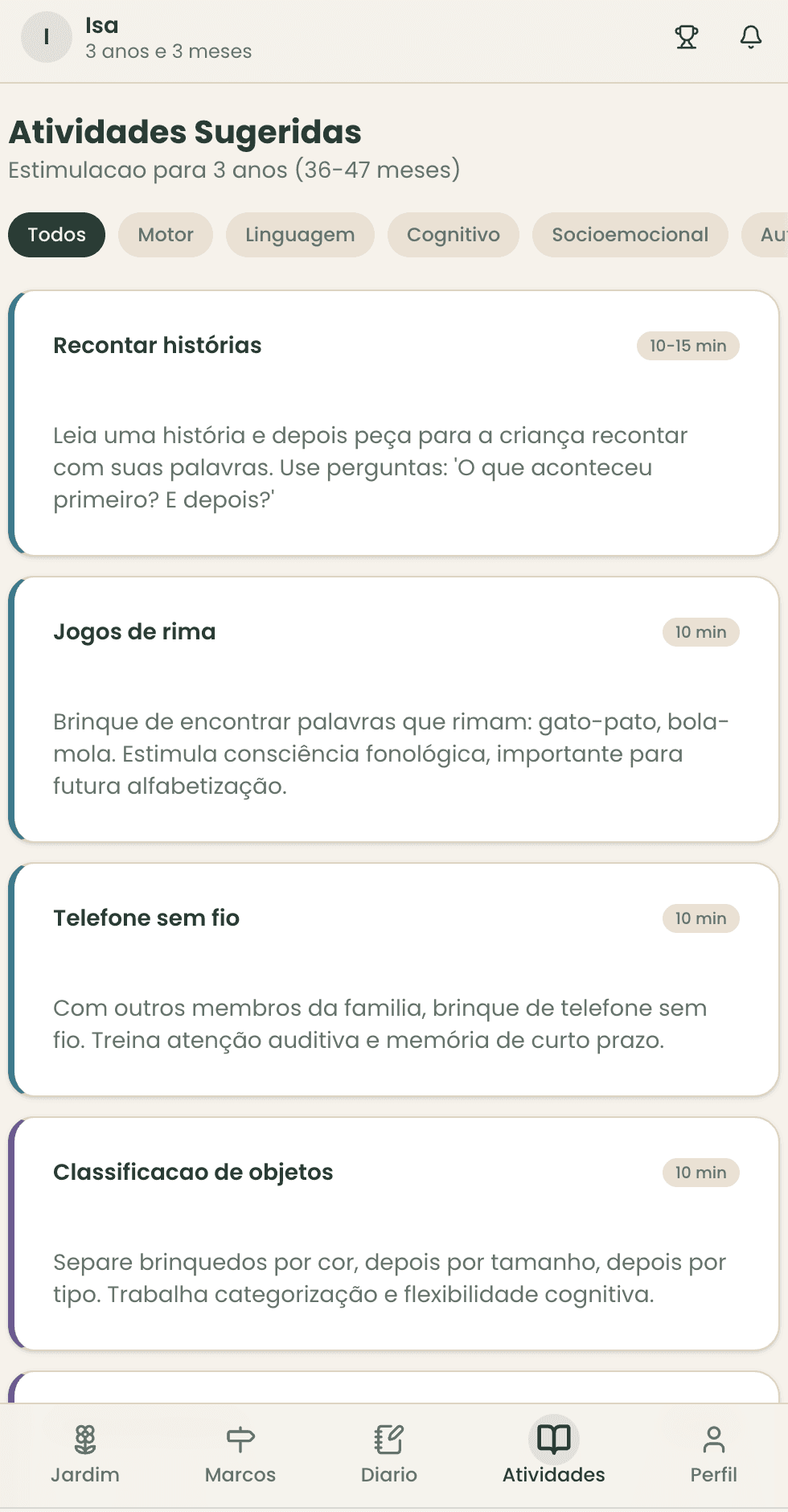 Tela de Atividades Sugeridas do Florir, com sugestões adequadas à idade