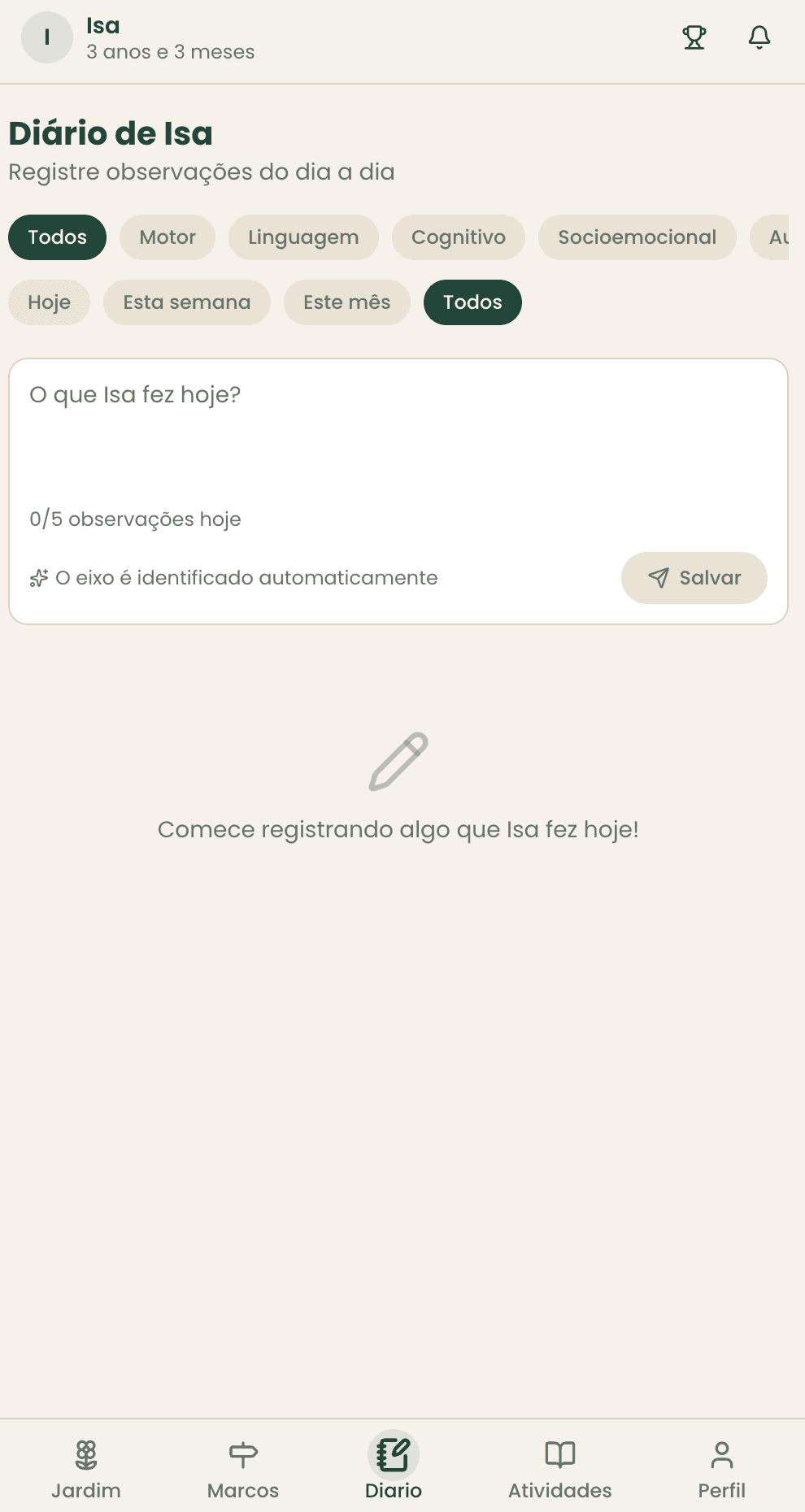 Tela do Diário do Florir, com o campo para registrar o que a criança fez hoje